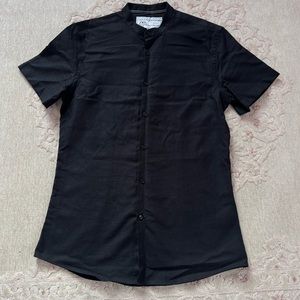 Zara Shirt Men Black Button Up Short Sleeve Mandarin Collar